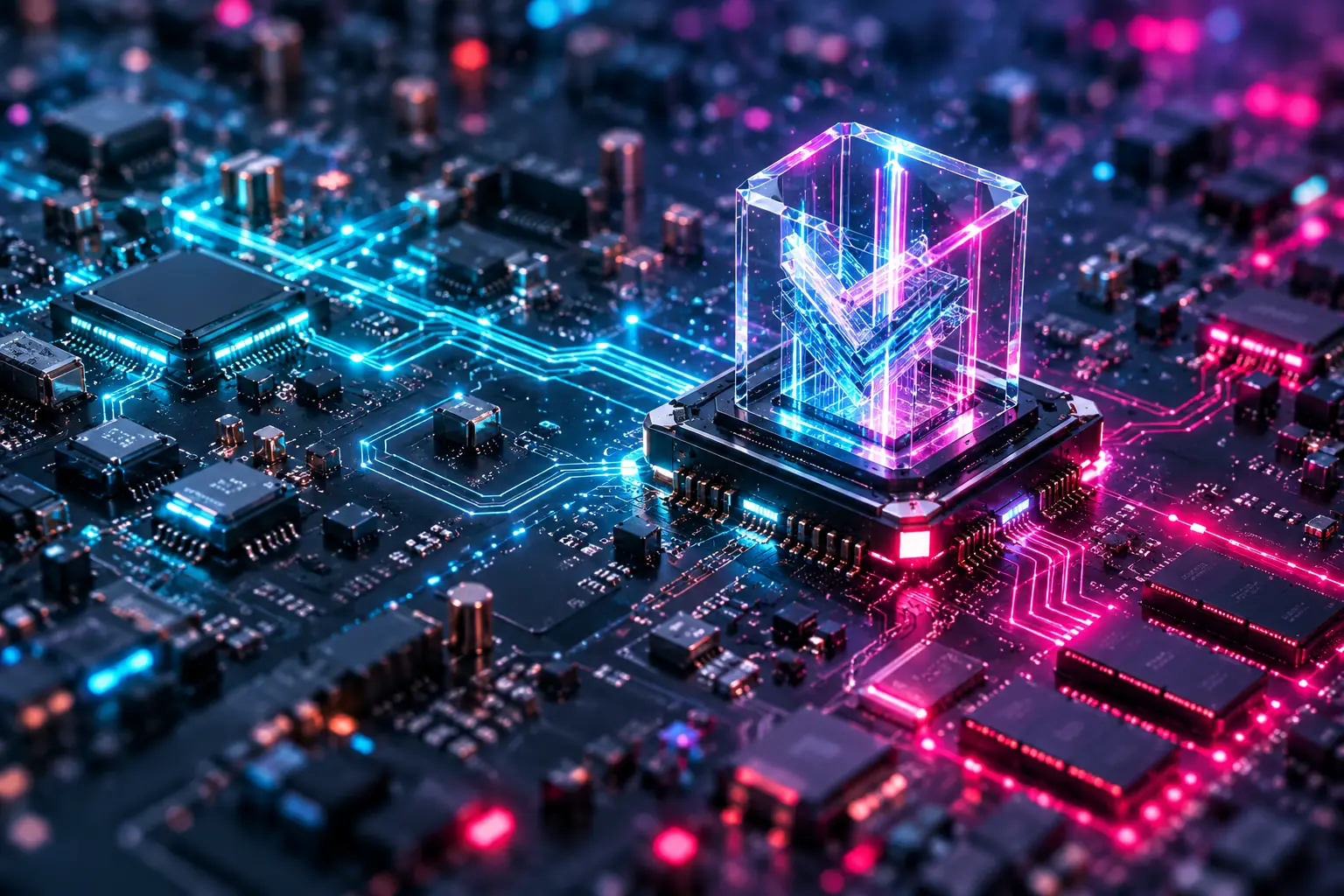 A glass hardware security core illuminated above a precision circuit board